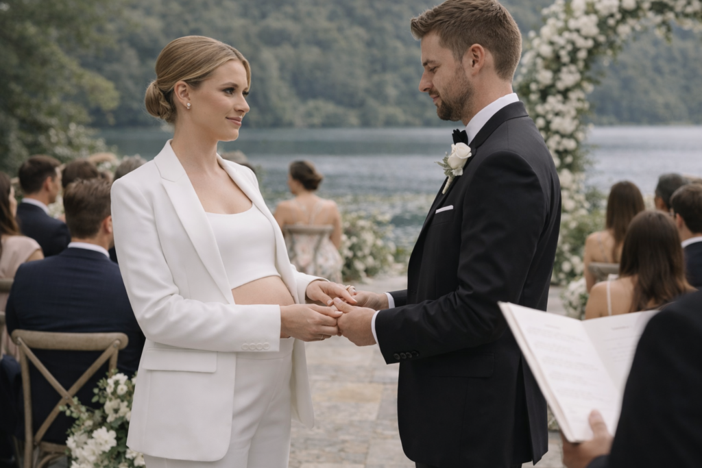 Eine Braut in einem weißen Brautoutfit von Mix & Match und ein Bräutigam in einem schwarzen Anzug tauschen bei einer Trauung im Freien an einem See in der Nähe von Nürnberg die Ringe aus.