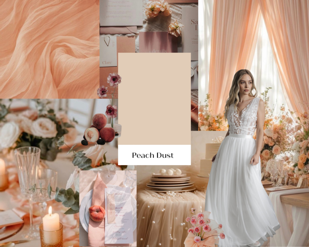 Ein Moodboard zum Thema Pfirsich mit Blumen, Stoffen, Dekoration, Kerzen und einer Braut in einem weißen Kleid, inspiriert von Mix & Match Brautmode aus deinem Lieblings-Brautmodenladen.